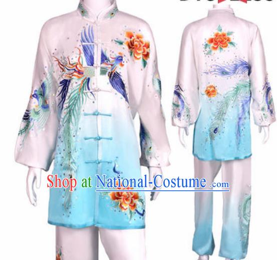 Chinese Traditional Kung Fu Competition Costume Martial Arts Tai Chi Embroidered Phoenix White Clothing for Women