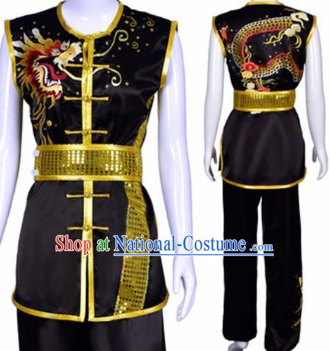 Chinese Traditional Kung Fu Competition Costume Martial Arts Embroidered Dragon Black Clothing for Men