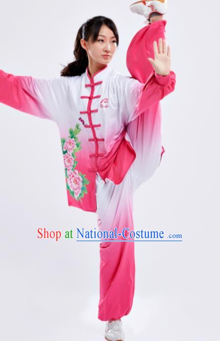 Chinese Traditional Kung Fu Competition Costume Martial Arts Tai Chi Printing Peony Rosy Clothing for Women