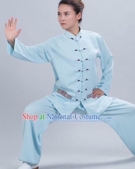 Chinese Traditional Kung Fu Competition Costume Tang Suit Tai Chi Blue Clothing for Women