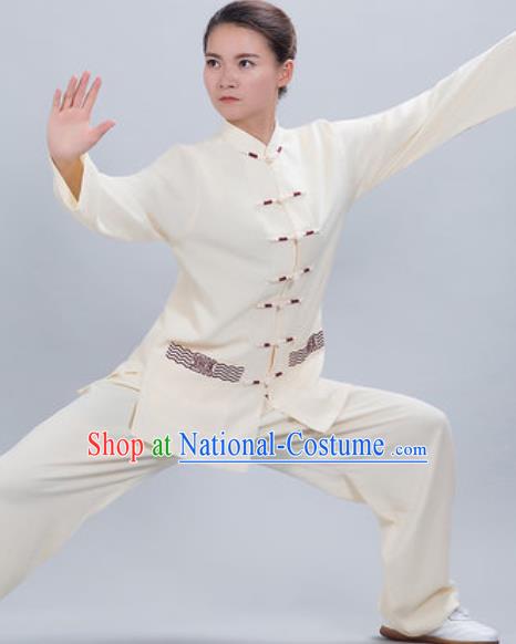 Chinese Traditional Kung Fu Competition Costume Tang Suit Tai Chi Beige Clothing for Women