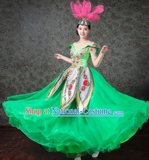 Chinese Traditional Spring Festival Gala Dance Costume Opening Dance Modern Dance Green Bubble Dress for Women