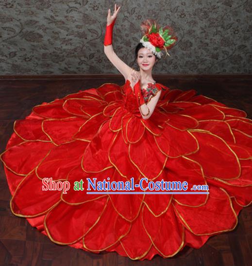 Chinese Traditional Spring Festival Gala Dance Costume Opening Dance Modern Dance Red Flower Dress for Women