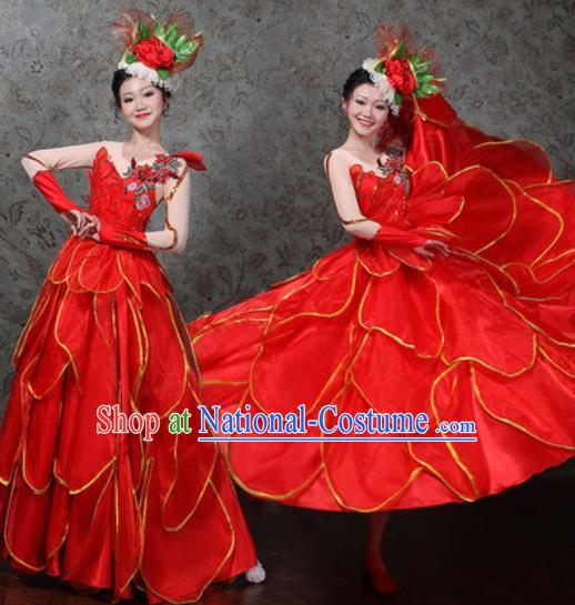 Chinese Traditional Spring Festival Gala Dance Costume Opening Dance Modern Dance Red Flower Dress for Women