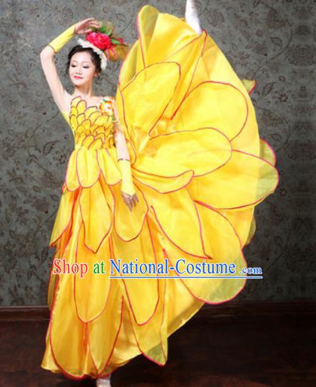 Chinese Traditional Spring Festival Gala Dance Costume Opening Dance Modern Dance Yellow Flower Dress for Women