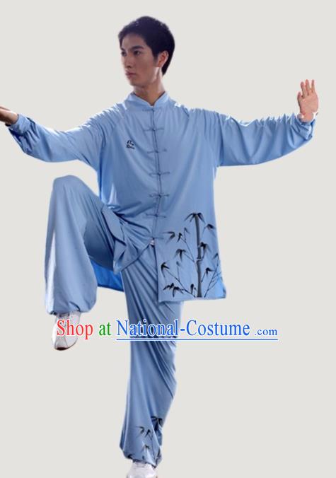 Chinese Traditional Kung Fu Competition Printing Bamboo Blue Costume Tai Chi Martial Arts Clothing for Men