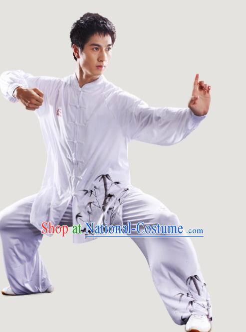 Chinese Traditional Kung Fu Competition Printing Bamboo White Costume Tai Chi Martial Arts Clothing for Men