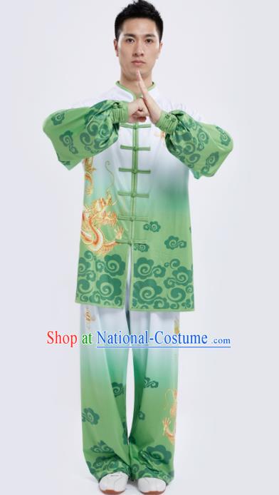 Chinese Traditional Kung Fu Competition Printing Dragon Green Costume Tai Chi Martial Arts Clothing for Men