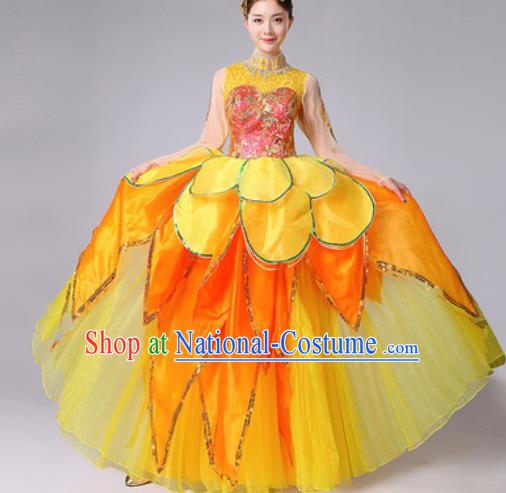 Chinese Traditional Spring Festival Gala Dance Costume Peony Dance Stage Performance Yellow Dress for Women