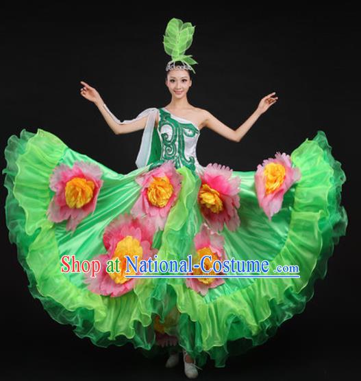 Chinese Traditional Opening Peony Dance Green Dress Spring Festival Gala Stage Performance Costume for Women