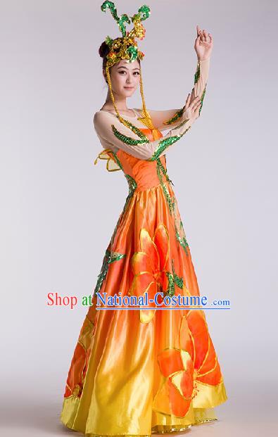 Chinese Traditional Classical Dance Orange Dress Folk Dance Stage Performance Clothing for Women