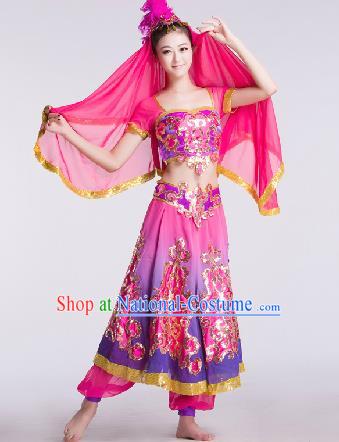 Chinese Traditional Ethnic Dance Costume Uyghur Nationality Dance Stage Performance Rosy Dress for Women