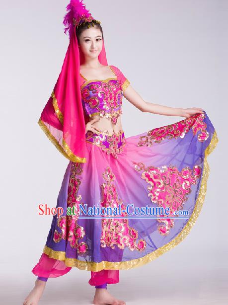 Chinese Traditional Ethnic Dance Costume Uyghur Nationality Dance Stage Performance Rosy Dress for Women