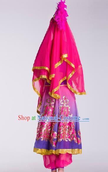 Chinese Traditional Ethnic Dance Costume Uyghur Nationality Dance Stage Performance Rosy Dress for Women