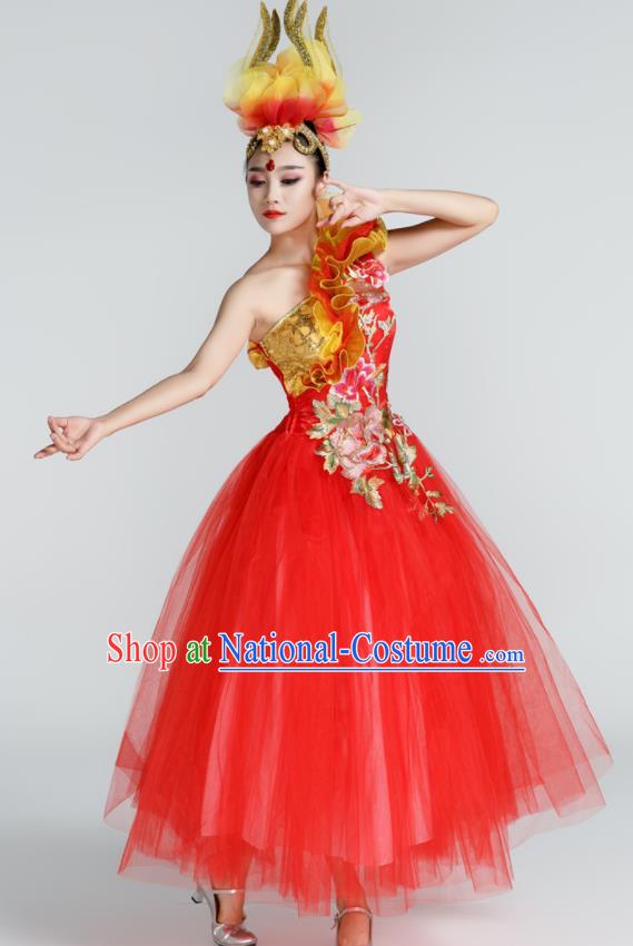 Chinese Traditional Opening Dance Red Veil Dress Spring Festival Gala Stage Performance Chorus Costume for Women