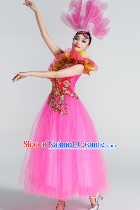 Chinese Traditional Opening Dance Rosy Veil Dress Spring Festival Gala Stage Performance Chorus Costume for Women