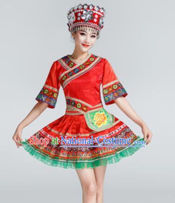 Chinese Traditional Ethnic Dance Costume Miao Nationality Stage Performance Red Dress for Women