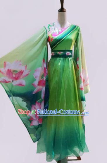 Chinese Traditional Classical Dance Costume Umbrella Dance Stage Performance Printing Lotus Green Dress for Women