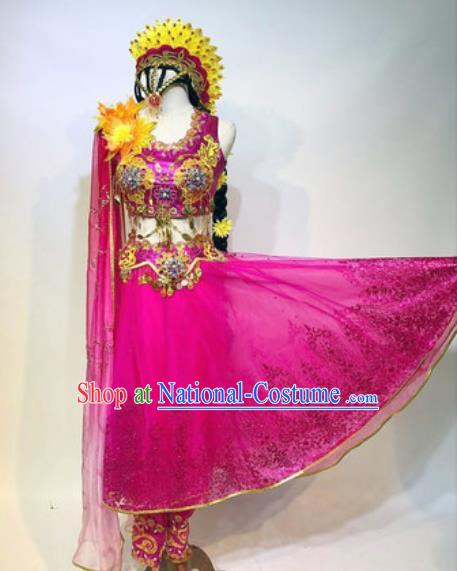 Chinese Traditional Ethnic Dance Costume Indian Dance Stage Performance Rosy Dress for Women