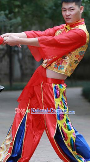 Chinese Traditional Folk Dance Costume Drum Dance Yangko Stage Performance Red Clothing for Men