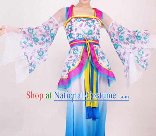 Chinese Traditional Classical Dance Costume Umbrella Dance Stage Performance Blue Dress for Women