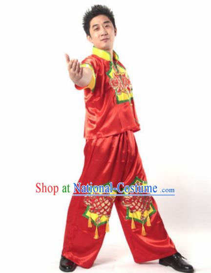 Chinese Traditional Folk Dance Costume Yangko Dance Stage Performance Red Clothing for Men