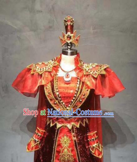 Chinese Traditional Ethnic Dance Costume Mongolian Nationality Stage Performance Red Dress for Women