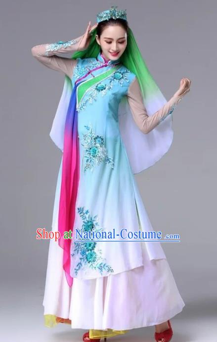 Chinese Traditional Ethnic Dance Costume Hui Nationality Stage Performance Blue Dress for Women