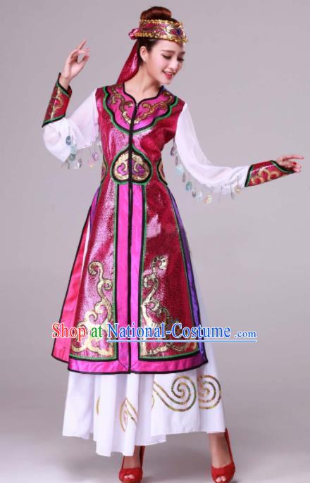 Chinese Traditional Ethnic Dance Costume Mongolian Nationality Stage Performance Rosy Dress for Women