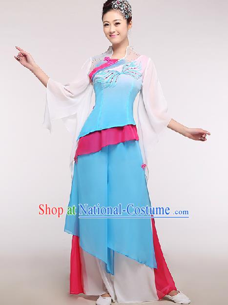 Chinese Traditional Fan Dance Costume Classical Dance Stage Performance Blue Dress for Women