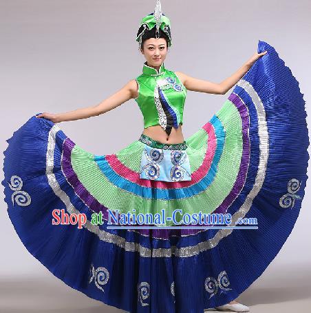 Chinese Traditional Ethnic Dance Costume Yi Nationality Stage Performance Green Dress for Women