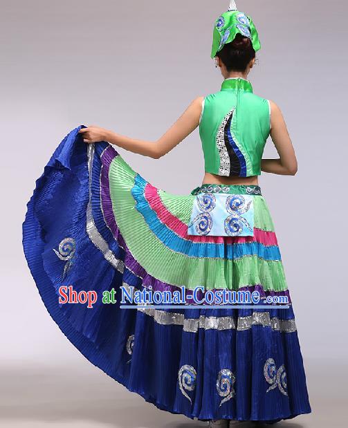 Chinese Traditional Ethnic Dance Costume Yi Nationality Stage Performance Green Dress for Women