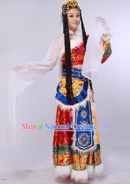 Chinese Traditional Ethnic Dance Costume Zang Nationality Stage Performance Red Dress for Women