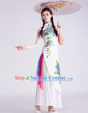 Chinese Traditional Umbrella Dance Costume Classical Dance Stage Performance White Clothing for Women