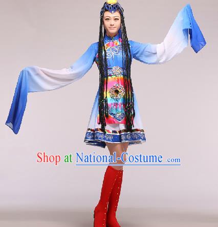 Chinese Traditional Ethnic Dance Costume Zang Nationality Dance Stage Performance Blue Dress for Women