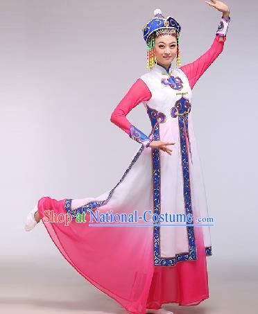 Chinese Traditional Ethnic Dance Costume Mongolian Nationality Dance Stage Performance Pink Dress for Women