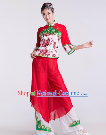 Chinese Traditional Umbrella Dance Rosy Costume Folk Dance Stage Performance Clothing for Women