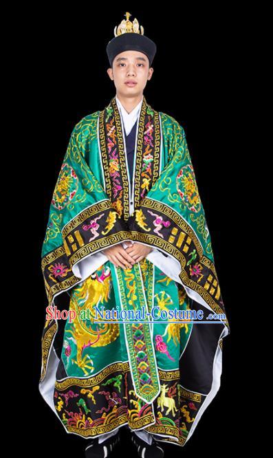 Chinese Traditional Taoism Costume National Taoist Priest Embroidered Dragons Green Cassock for Men