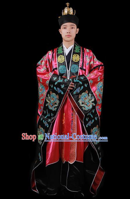 Chinese Traditional Taoism Costume National Taoist Priest Embroidered Dragons Rosy Cassock for Men