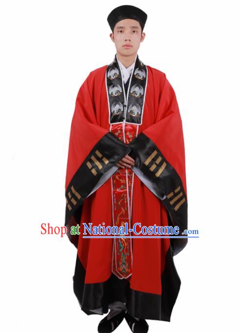 Chinese Traditional Taoism Costume National Taoist Priest Embroidered Cranes Bagua Red Cassock for Men