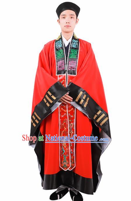 Chinese Traditional Taoism Costume National Taoist Priest Embroidered Bagua Red Cassock for Men