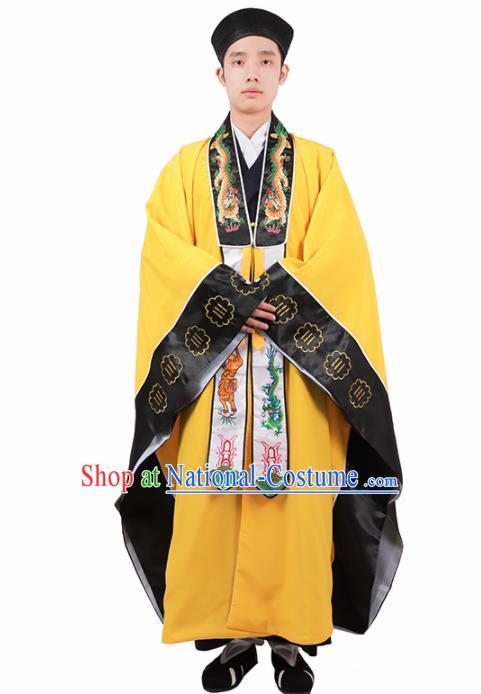 Chinese Traditional Taoism Costume National Taoist Priest Embroidered Dragons Bagua Yellow Cassock for Men