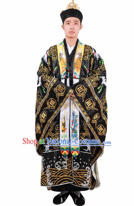 Chinese Traditional Taoism Costume National Taoist Priest Embroidered Cranes Black Cassock for Men