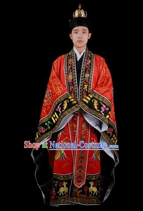 Chinese Traditional Taoism Costume National Taoist Priest Embroidered Cranes Dragons Red Cassock for Men