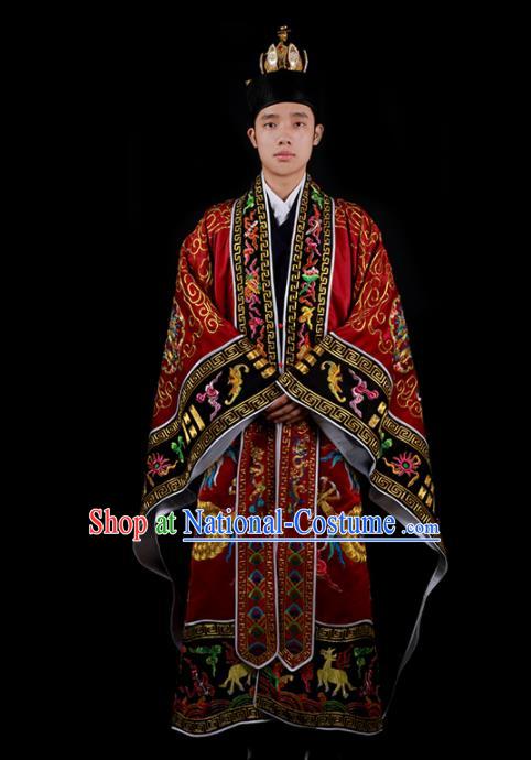 Chinese Traditional Taoism Costume National Taoist Priest Embroidered Cranes Dragons Wine Red Cassock for Men