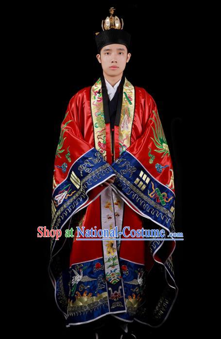 Chinese National Taoist Priest Embroidered Dragons Red Cassock Traditional Taoism Costume for Men