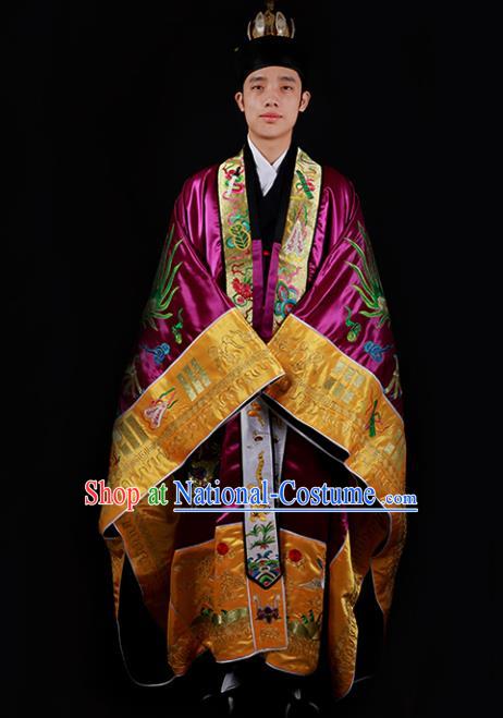 Chinese National Taoist Priest Embroidered Dragons Purple Cassock Traditional Taoism Costume for Men