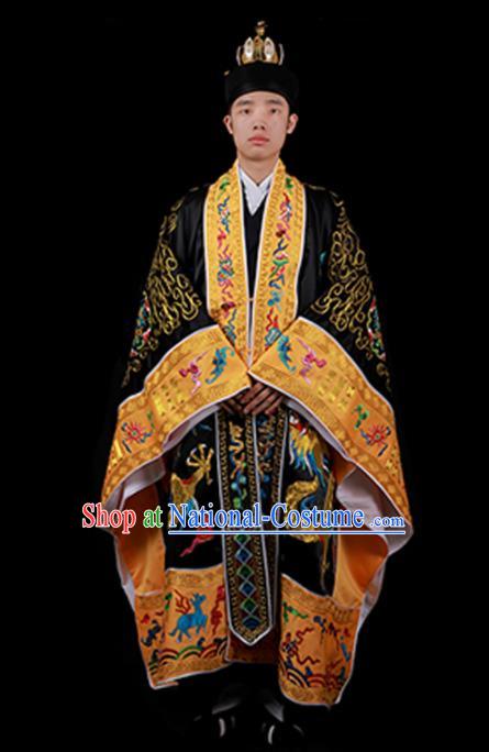 Chinese National Taoist Priest Embroidered Dragons Black Cassock Traditional Taoism Costume for Men