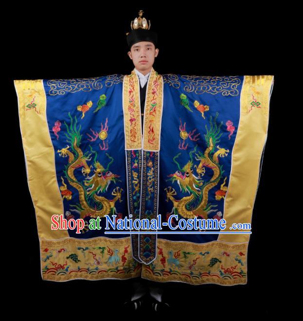 Chinese National Taoist Priest Embroidered Dragons Navy Blue Cassock Traditional Taoism Costume for Men