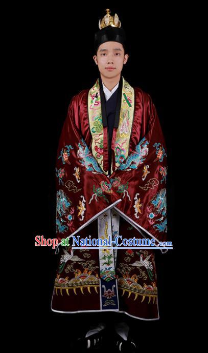 Chinese National Taoist Priest Embroidered Cranes Wine Red Cassock Traditional Taoism Costume for Men